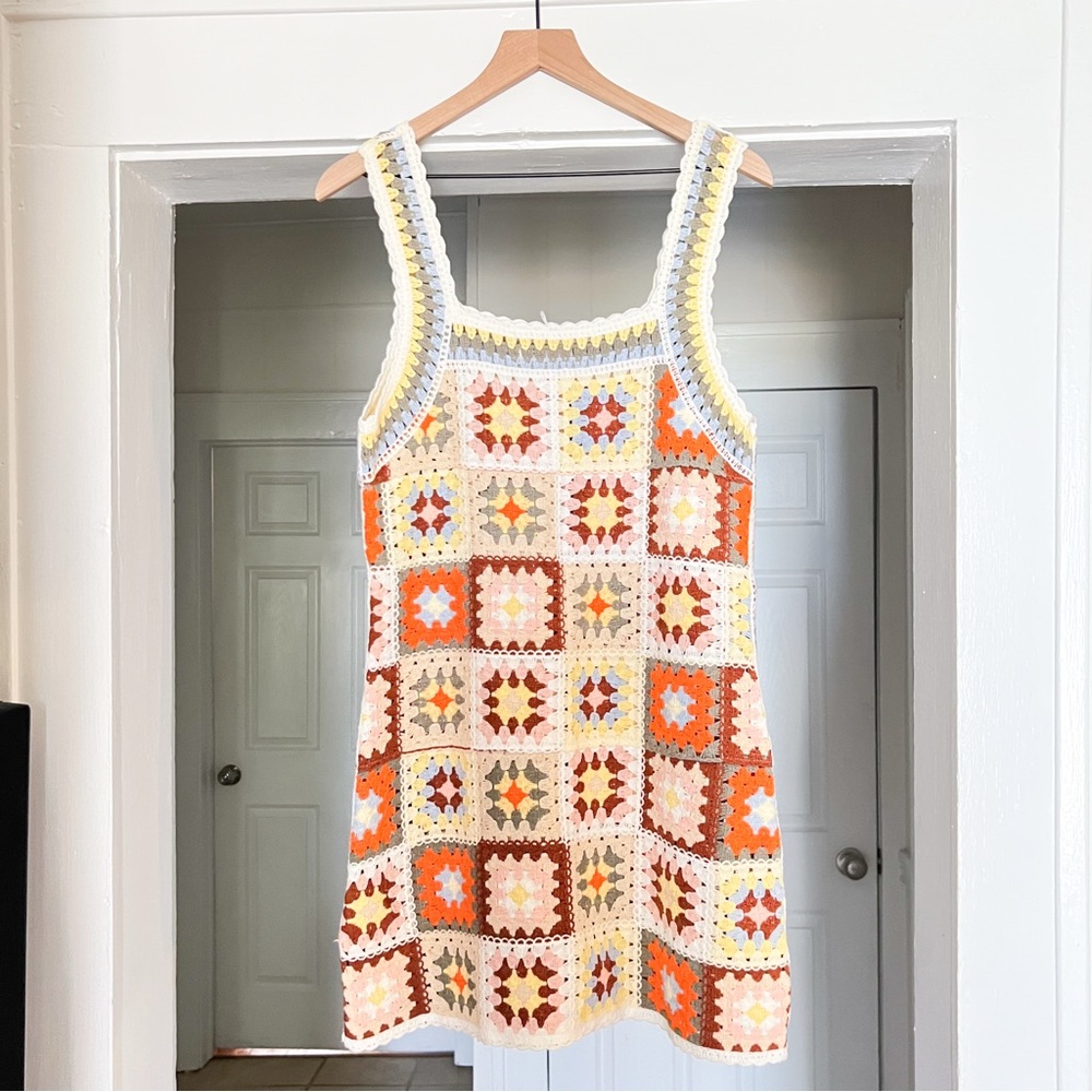 Colorful Hand Crochet Square Pattern Dress - Picture 2 of 5
